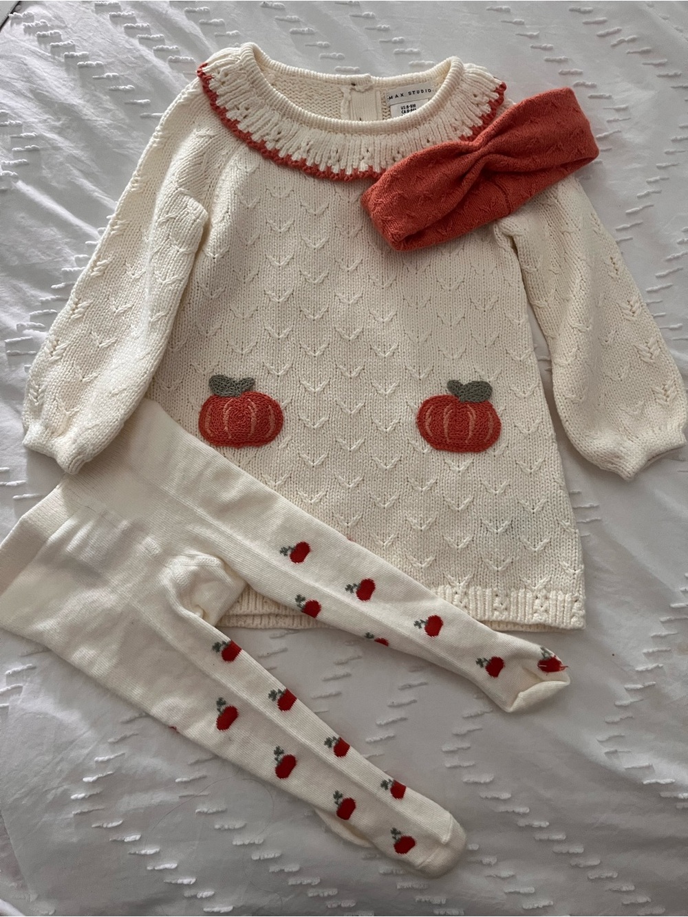 Max Studio Cream Knit Pumpkin Dress with Rust Headband and Red Pumpkin Tights